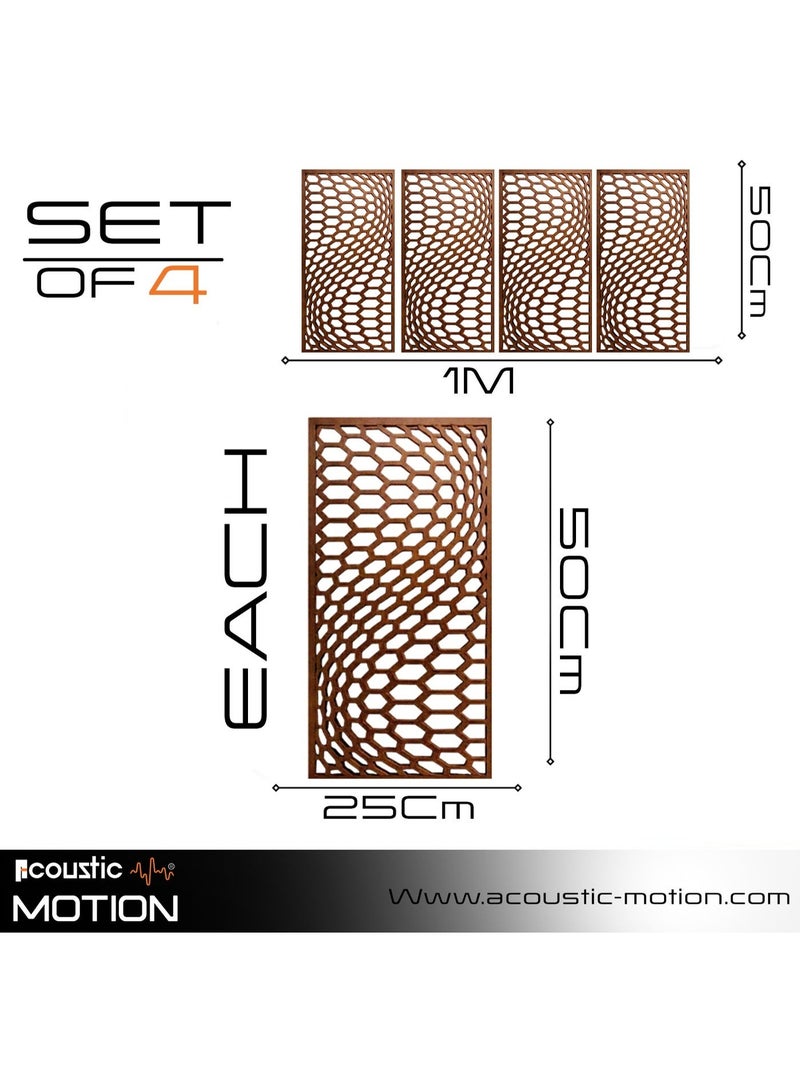 أكويستك موشان لوحات جدارية خشبية من خشب MDF من ACOUSTIC MOTION®، تصميم HIVORA مع شريط لاصق مزدوج الوجه، ديكور جداري بني عصري للمنزل، غرفة المعيشة، غرفة النوم، المكتب والفندق، 25×50×0.5 سم، طقم من 4 قطع - Image 2